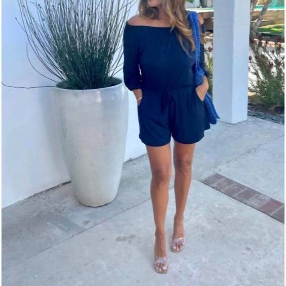 NEW VERONICA M smocked ots romper in navy ity - Picture 3 of 3